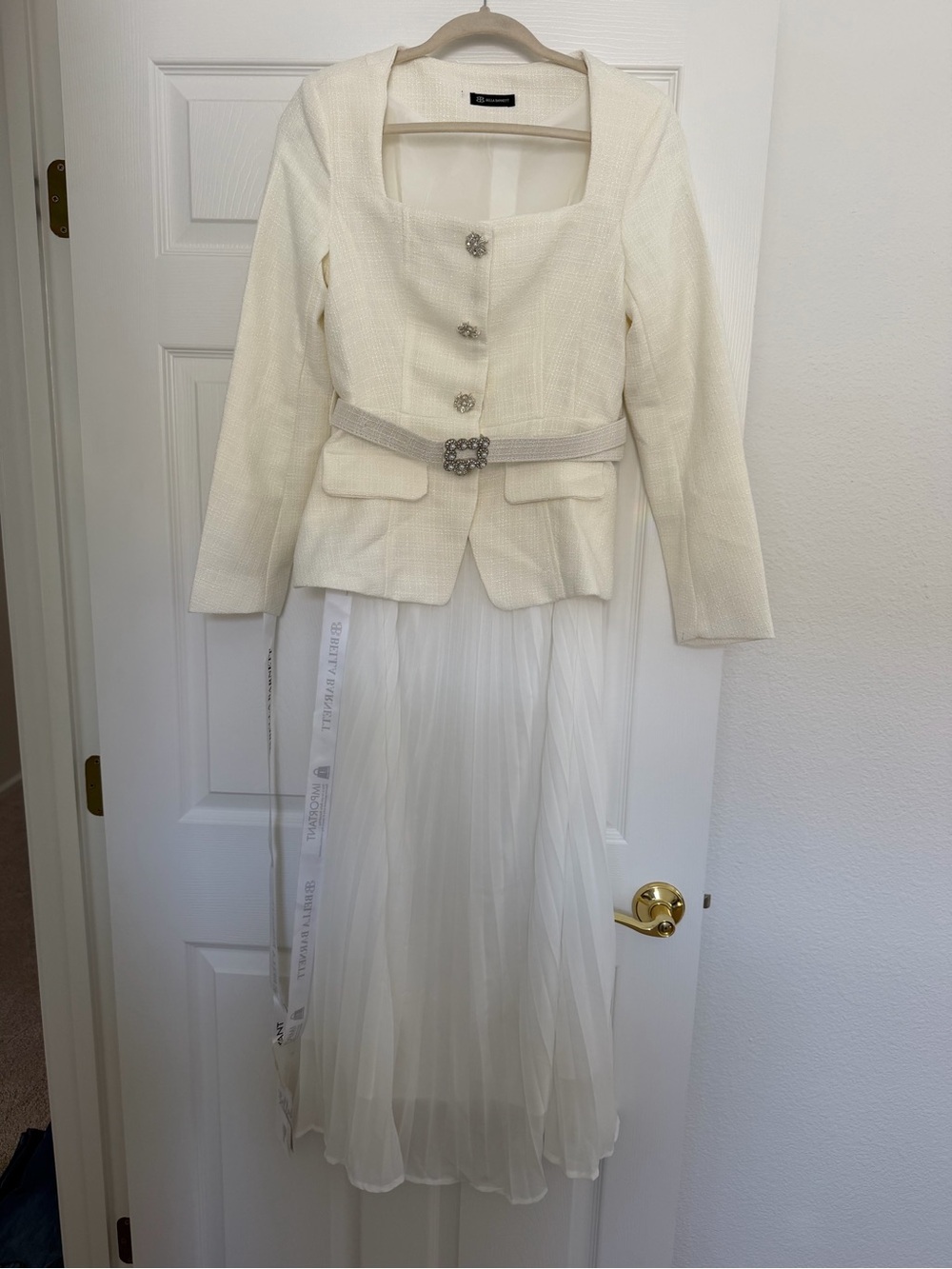 NEW- White Pleated Midi Dress with Square Neck and Jewel Buttons and belt